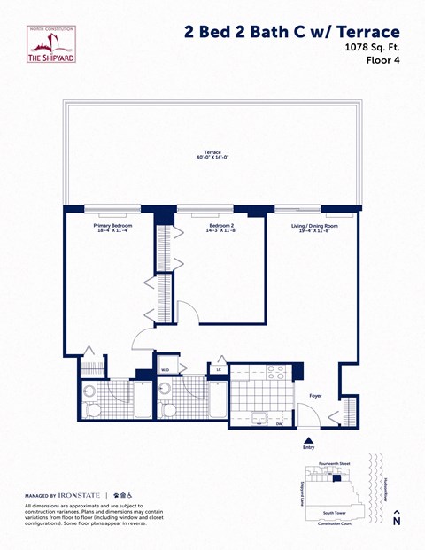 Floor plan for 2 beds, 2 baths, 1078 sqft